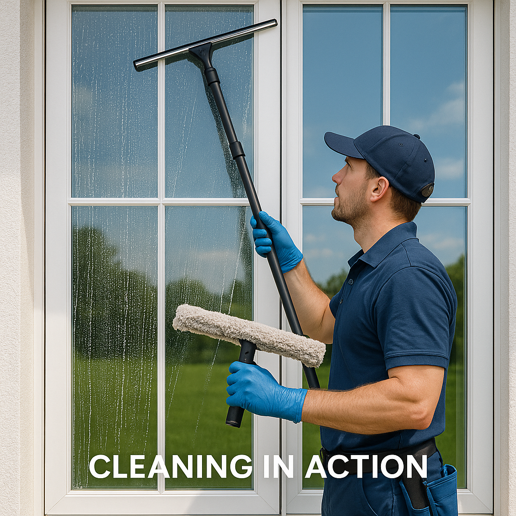 Professional window cleaner in action